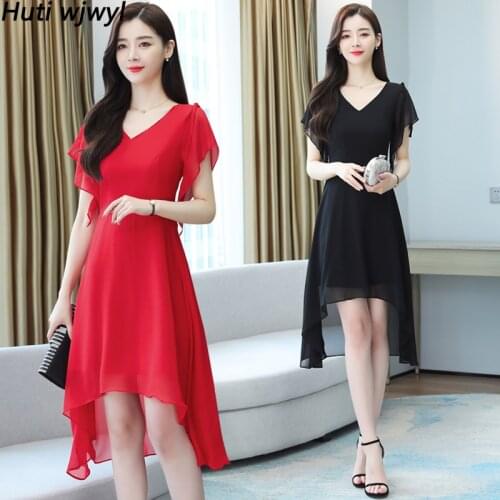 3XL Plus Size Summer Sexy V-Neck Chiffon Red Midi Vestidos Black Casual Solid Beach Dress 2021 Vintage Women Party Chic Sundress