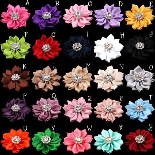 200pcs/lot 2" 25 Colors Vintage Handmade Fabric Satin Ribbon Headband Flowers With Rhinestone For Baby Girl Headwear/Dress