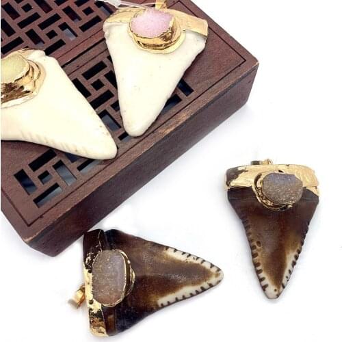 Natural Stone Acrylic Pendant Inlaid Crystal White Coffee Color DIY Jewelry Accessories Making Retro Necklace Pendant 37x53mm