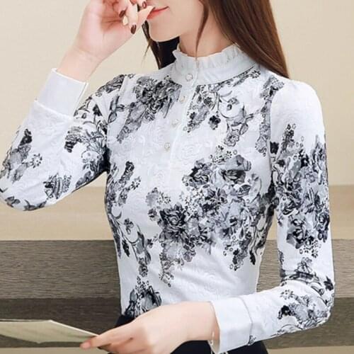 Womens Tops And Blouses Autumn Winter Long Sleeve Blouse Women 3XL Women Tops Elegant Print Lace Blouse Blusas A612