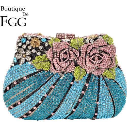 Boutique De FGG Multi Flower Rose Women Mini Crystal Evening Minaudiere Bag Metal Hardcase Wedding Party Clutch Handbag Purse