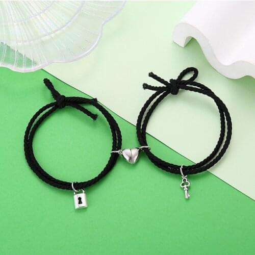 2pcs Paired Couple Bracelet with Magnets Classic Key Lock Bracelet Gift for Couples Elastic Hair Rope Friendship Jewellery