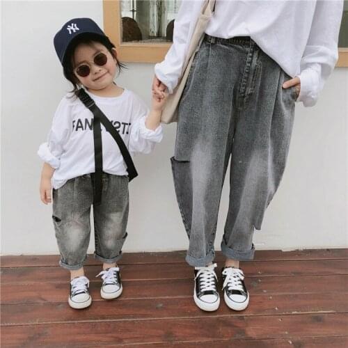 Brand Family Matching Clothes Baby Girl Denim Jeans Childrens Clothing Kids Girls Broken Hole Pants Kids Cowboy Pants Trousers