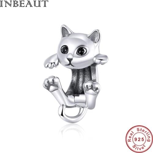INBEAUT 100% Real 925 Sterling Silver Jumping Cat Beads fit Brand Bracelet Cute Naughty Animal Charms for Women DIY