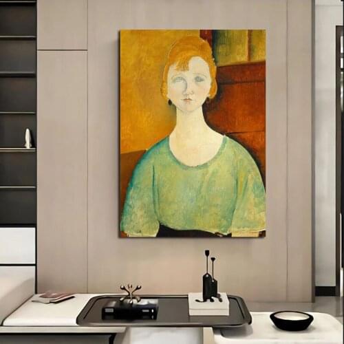 Modern Hand Painted Girl in a Green Blouse Canvas Oil Painting Artwork Aesthetic Poster Picture Wall Hanging Decor Home Decor