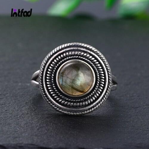Round 8MM Natural Labradorite Rings Womens Gemstone S925 Sterling Silver Ring Vintage Style Fine Jewelri