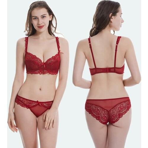 Sexy Transparent Bow Underwear Set Wine Red Unlined Back Closure Bra Set for Women Think Lace Adjusted-straps Bra