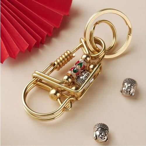 Brass Gold Handicraft Keychain Trinket Car Keyring Ring Jewelry Creative Buddha Statue Holder Gift Couple Decoration Pendant