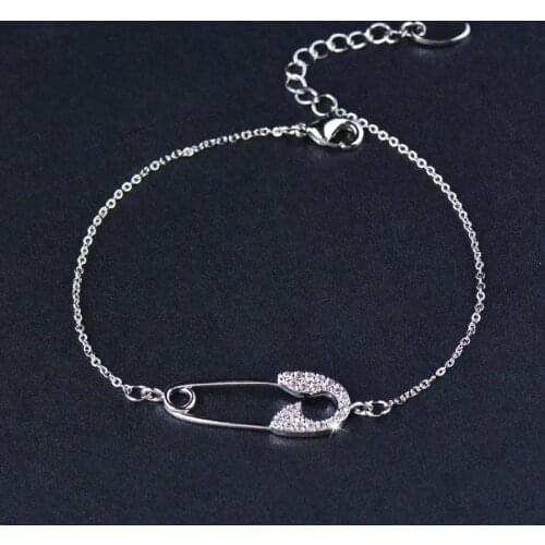 LEEKER Shiny Pin Shape Charm Bracelet Rose Gold Silver Color Chain Tiny Crystal Friendship bijoux femme Bracelets on hand 032 K2