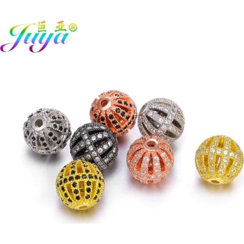 Juya DIY 10mm Copper Charm Beads Supplies Micro Pave Zircon Hollow Disco Ball Beads Handmade Cz Crystals Metal Beads Accessories