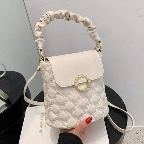 PU Leather Mini Tote Bag Lattice Embroidery Thread Shoulder Bag Women Designer Handbags Lady Crossbody Bag With Pleated Handle