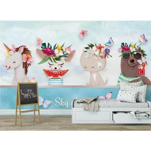 Custom mural wallpaper 3 d Animal horse bunny flowers butterfly childrens room home decor photo Wallpaper in the living room