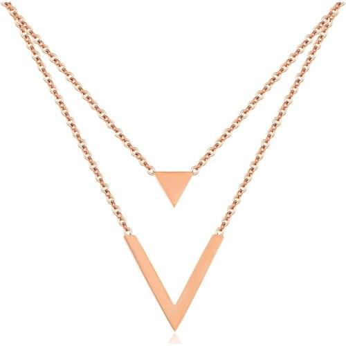 New Fashion Double-deck Triangle and V collar Necklaces For Women Charm Stainless Steel Rose Gold Color Girls Jewelry Gift