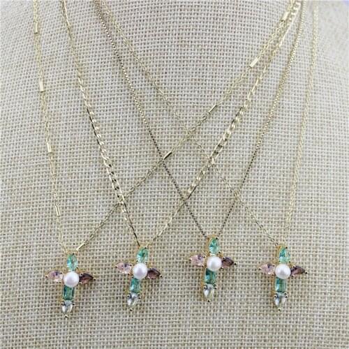 16/18/19inch 10str/lot Cross colorful cz pendant necklace,delicate cubic zircon micro pave charm,fashion necklace jewelry