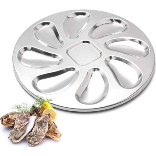 Oyster Plate Shell Shaped 8 Slots Stainless Steel Oyster Serving Grilling Plate Pan For Oysters Sauce And Lemons