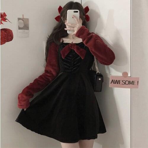 Christmas Red Contrast Color Mink-like Dress Womens Autumn Winter Japanese Vintage Bow Waist Slimming Midi sweet lolita dress