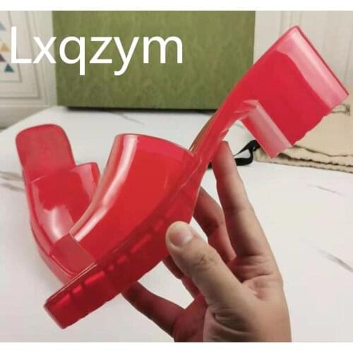 Clear PVC Peep Toe Slippers Chunky Heels Platform Shoes Woman Summer Ladies Sandals Red Jelly Women Shoes