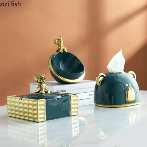 Northern Europe Gold Elephant Green Storage Box Square Ashtray Home Living Room Desktop Ceramics Decoration Storage Ornaments