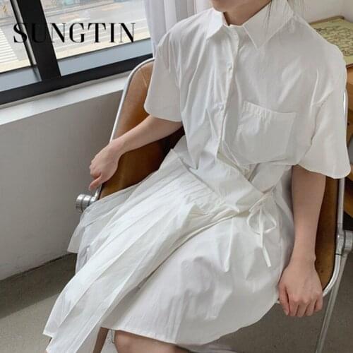 Sungtin Design Puff Sleeve Long Dresses for Women Fashion Single Breasted Fashion Loose Shirt Dress Korean White Vestidos Summer