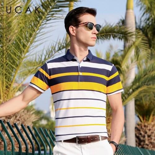UCAK Brand Streetwear Short Sleeve Striped T-Shirts Men Clothing Summer New Tops Turn-Down Collar Casual T Shirt Homme U5402