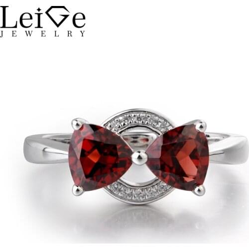 Leige Jewelry Red Garnet Gemstone 925 Sterling Silver January Birthstone Trillion Cut Engagement Trendy Two Stones Rings