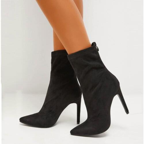 Womens Fabric Sock Boots Mid-calf Boots For Women Retro Booties Suede Point Toe Heel Boots Sexy Ladies Female High Heels Botas