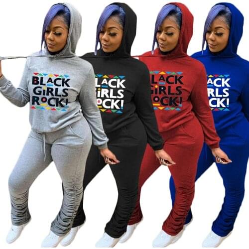 Womens Letter Printed Pleated Plush Hooded Sweater And Pants 2 Piece Sets Fashion Tracksuit Women Sweatshirt+Pants Suits