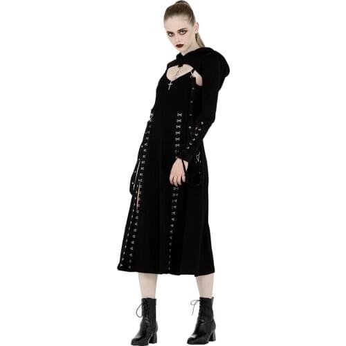 Gothic Womens Dresses Darkness Punk Sleeveless Backless 2 pieces Long Dress with Hoodie Black Metal Side Split Dress New