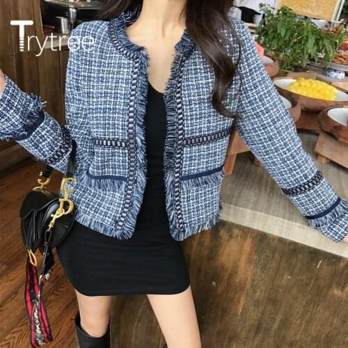 Trytree 2020 Spring winter Women Casual Short Coat Fashion Loose Tassel Plaid 2 Color Open Stitch All-Purpose Style Coat Tops