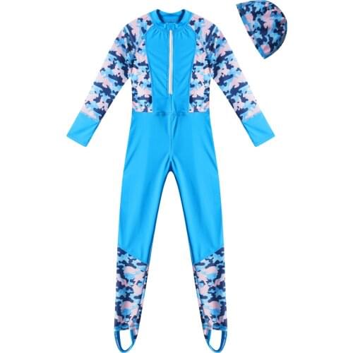 1pcs Kids Girls Summer Swimwear Swimsuit Long Sleeves Zipper Front Holder Fastened Foot Swim Jumpsuit with Hat Print Outfit
