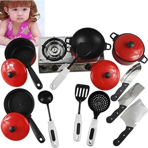 13Pcs/Set Kids Play Toy Kitchen Cooking Food Utensils Pans Pots Dishes Cookware Supplies for Kids Aged More than 3-Year Old