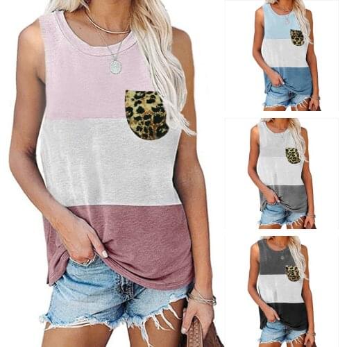 2021 Fashion Women T Shirt Summer Loose Casual Leopard Print Pocket Vest T-shirt Female Patchwork Sleeveless T Shirts Tees Tops