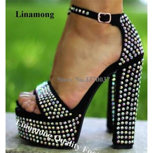 Linamong Bling Bling Rhinestone High Platform Chunky Heel Sandals Ankle Strap Buckle Crystal Thick High Heel Sandals Dress Shoes