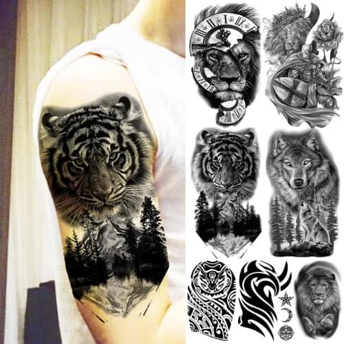 Black Tiger Mountain Temporary Tattoos For Men Adults Realistic Lion Compass Wolf Totem Fake Tattoo Sticker Arm Leg Tatoos