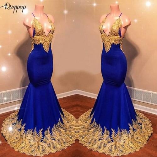 Long Prom Dresses 2021 Gorgeous Mermaid Straps Gold Lace African Black Girl Royal Blue Satin Prom Dress