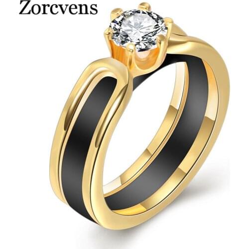 Modyle Gold Color Six Claws CZ Stone Two Layers Engagement Ceramic Ring For Women Jewelry