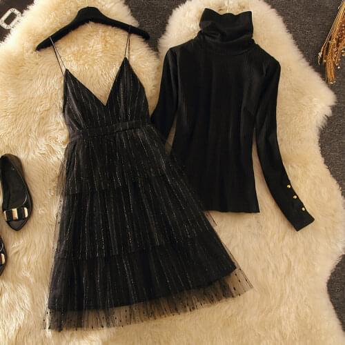 Elegant Women Sets 2021 Spring New Turtleneck Knitted Sweaters and Mesh V-neck Straped Skirts Lady Skirts Suits Top Quality