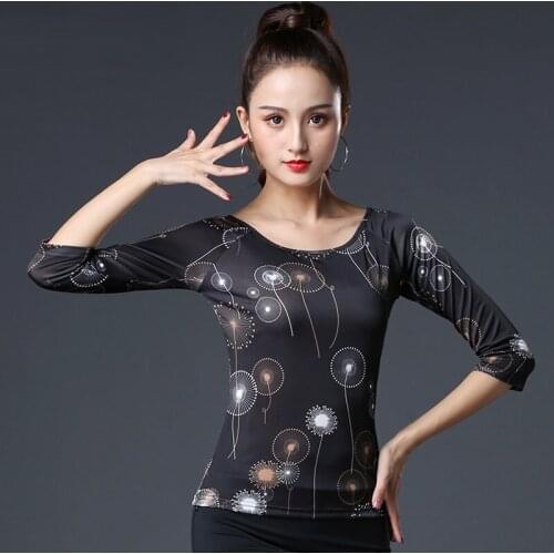 H2632 Women Latin Dance Top Training Clothes Middle Sleeve Printed Modern National Standard Square Dance Professional Costumes