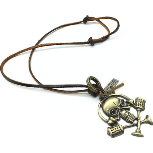Retro Long Casual Brown Casual Genuine Leather Bronze Alloy Hoops Skull Bone Pendant Men Necklace Women Male Wholesale Jewelry
