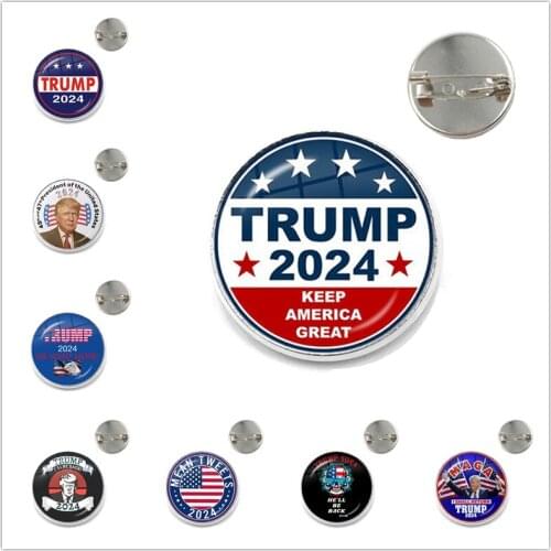 Keep America Great 2024 USA Trump Collection Glass Cabochon Brooches Antique Silver Collar Pins For Women Men Support Trump