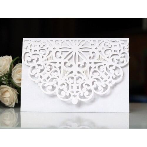 Laser cut invitations marriage baptism birthday paper invite white blue burgundy purple pocket tri-fold