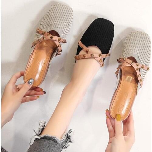Big size 43 44 knitting mules shoes women cross rivets band slippers women flip flops summer stretch slides chaussures femme 379