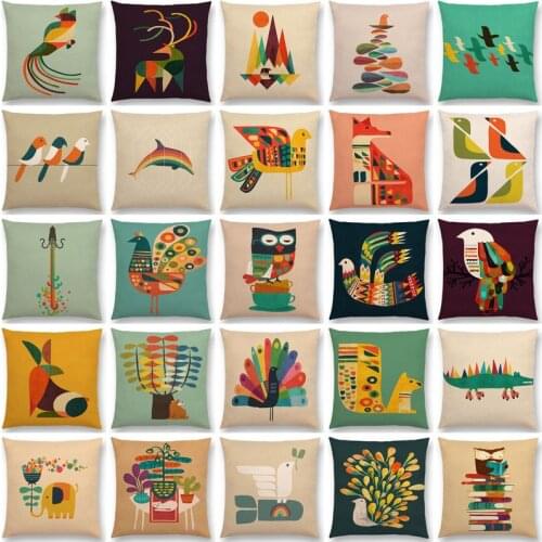 Latest Colorful Cartoon Animals Pillow Case Rainbow Bird Squirrel Squid Dolphin Owl Dove Elephant Flowers Cushion Cover