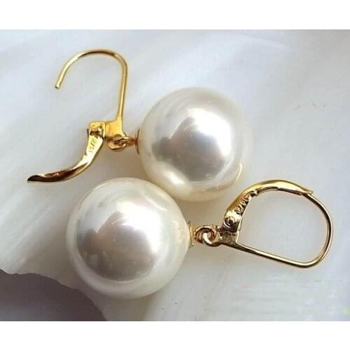 New Favorite Pearl Jewelry 14mm White Round South Sea Shell Pearl 14k/20 Gold Dangle Earrings Charming Lady Gift
