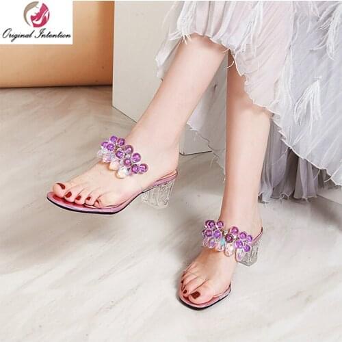Original Intention Women Sandals Gorgeous Mid Chunky Heels Sandals Slip On Slides Clear Shoes Woman Big Size 3-16