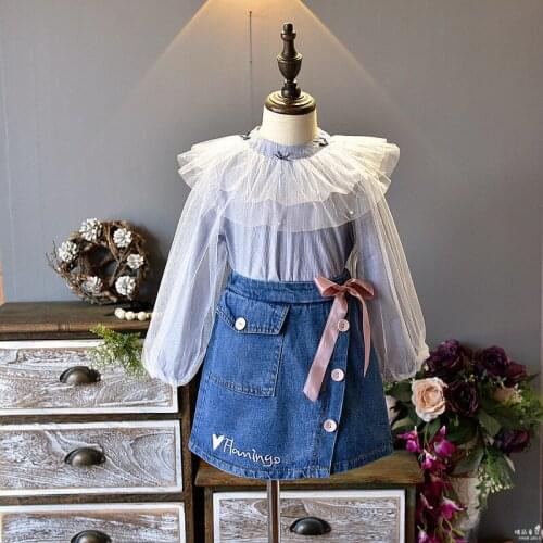 Autumn Baby girl clothing lace sleeve top +skirt 2 pcs for 1~7 Y baby 5 p/l