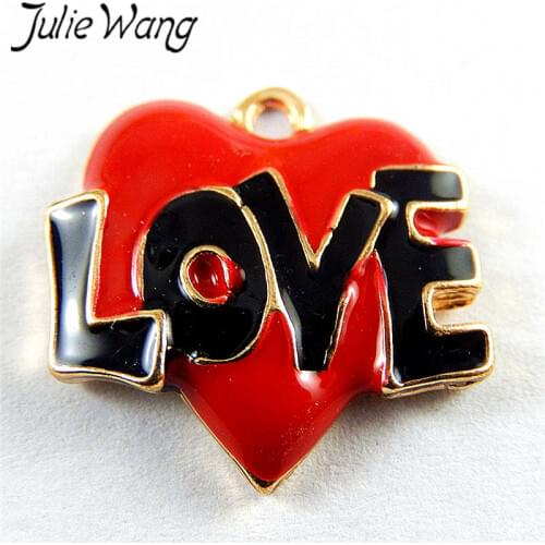 Julie Wang 6PCS Enamel Red Red Heart "LOVE" Charms Alloy Gold Tone Pendants Bracelets Findings Jewelry Making Accessory