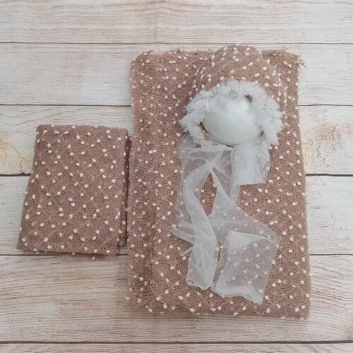 A Set 150X100CM Dot Fabric,75X50CM Bobble Wraps and Photo Shoot Bonnet Baby Lacework Headbands Infant Photography Accessories