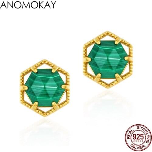 Anomokay Classic Green Topaz Geometric Gold Color Stud Earrings for Women Party Real 925 Sterling Silver Earring Fine Jewelry
