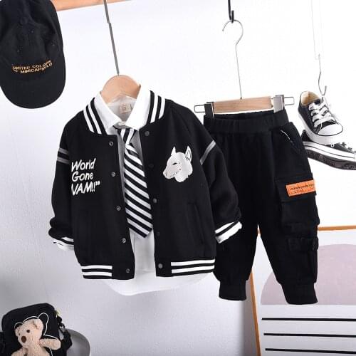 Fashion Solid Color Tracksuit For Children Spring Autumn Clothes Child Boy Sets Cotton Baseball Jacket + Shirts + Pants 2-7Years